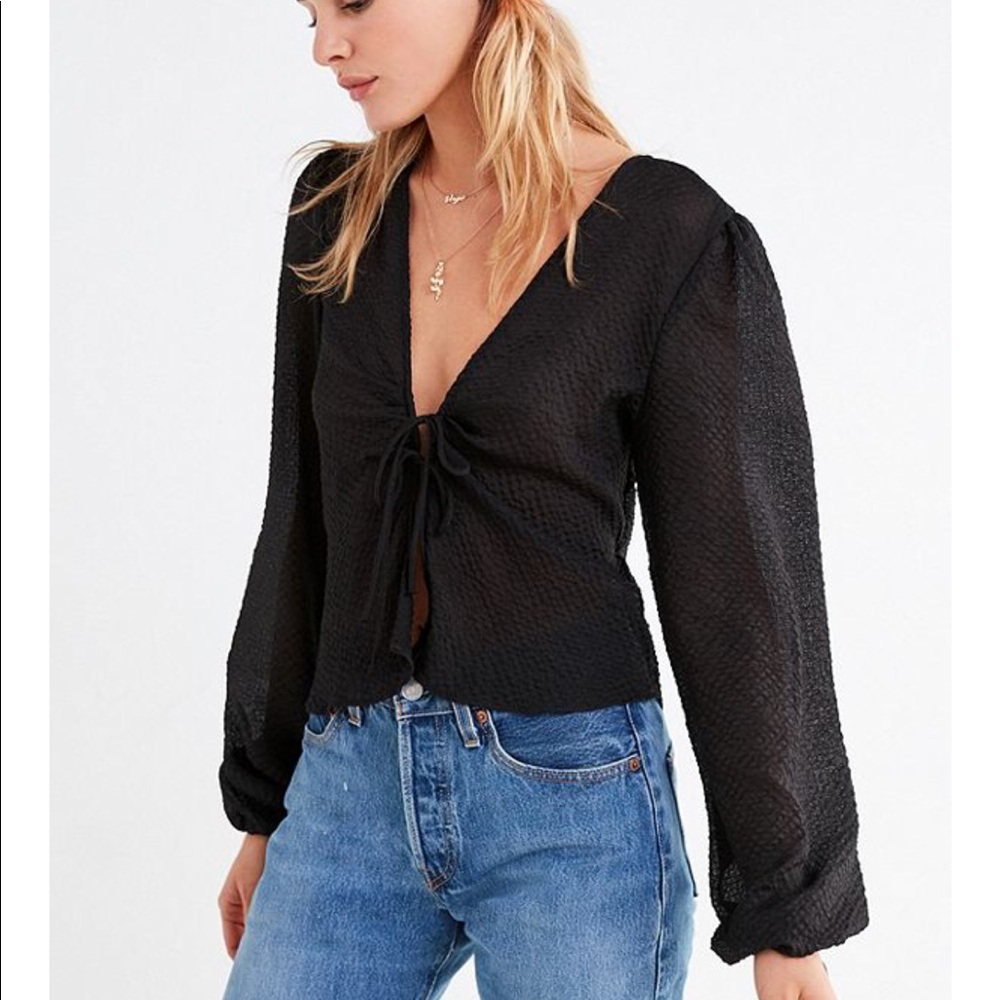 Black sexy silky long sleeve top with tie front